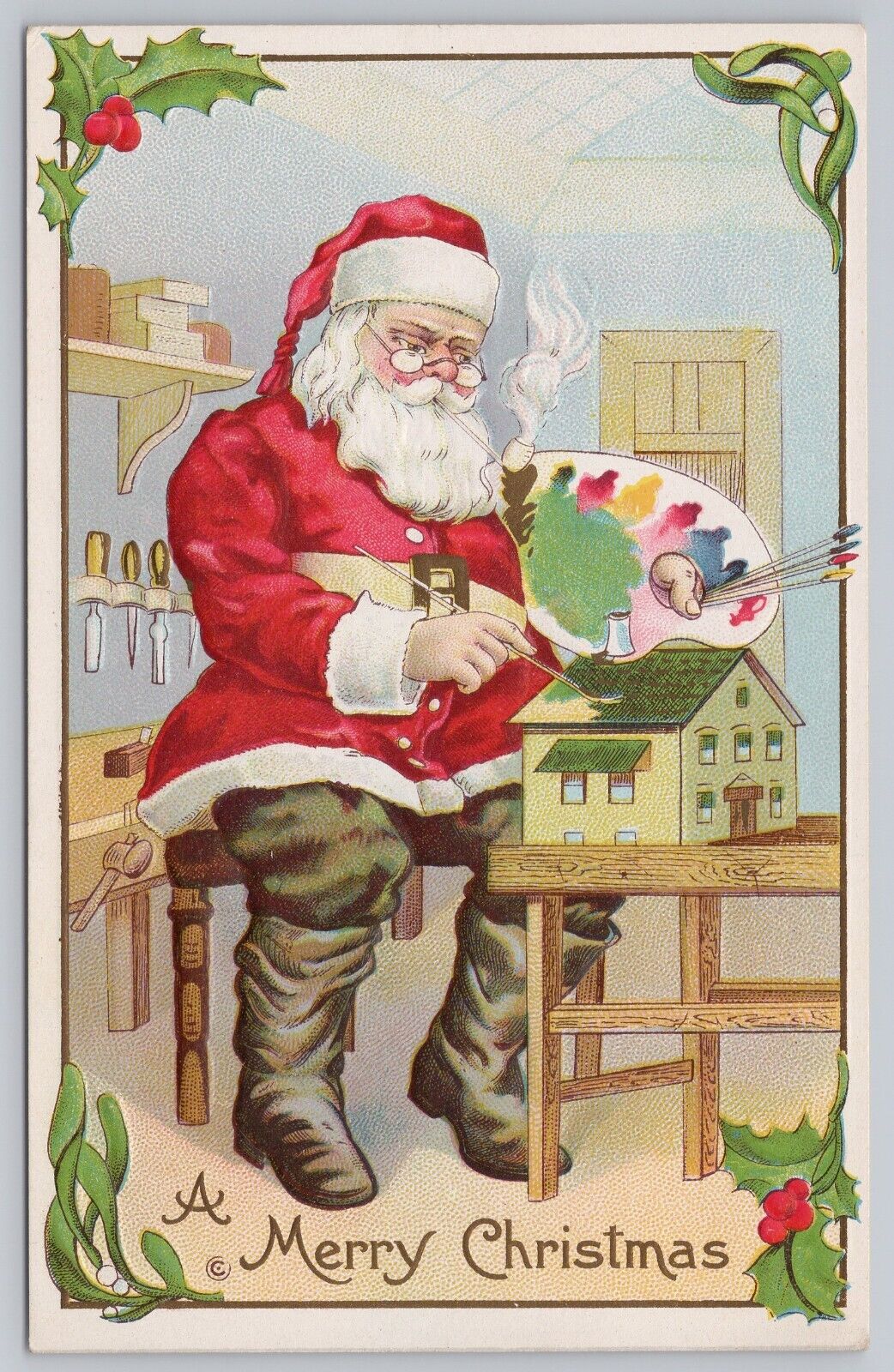 c 1910 Santa Claus Smoking Pipe Antique Postcard Workshop Paint Palette Toys
