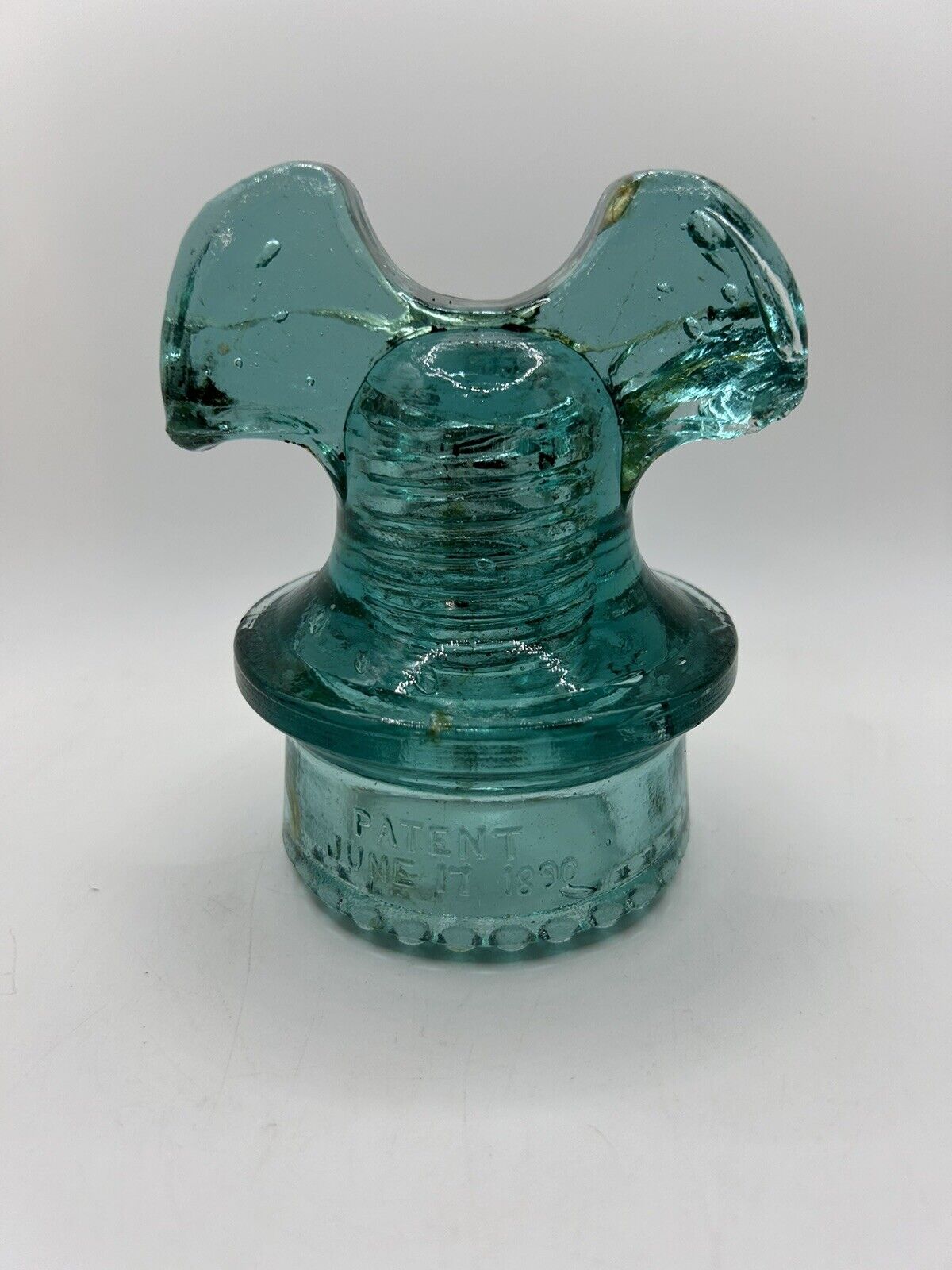 Aqua Hemingray Mickey Mouse Style Glass Insulator Patent May 2, 1983 Antique