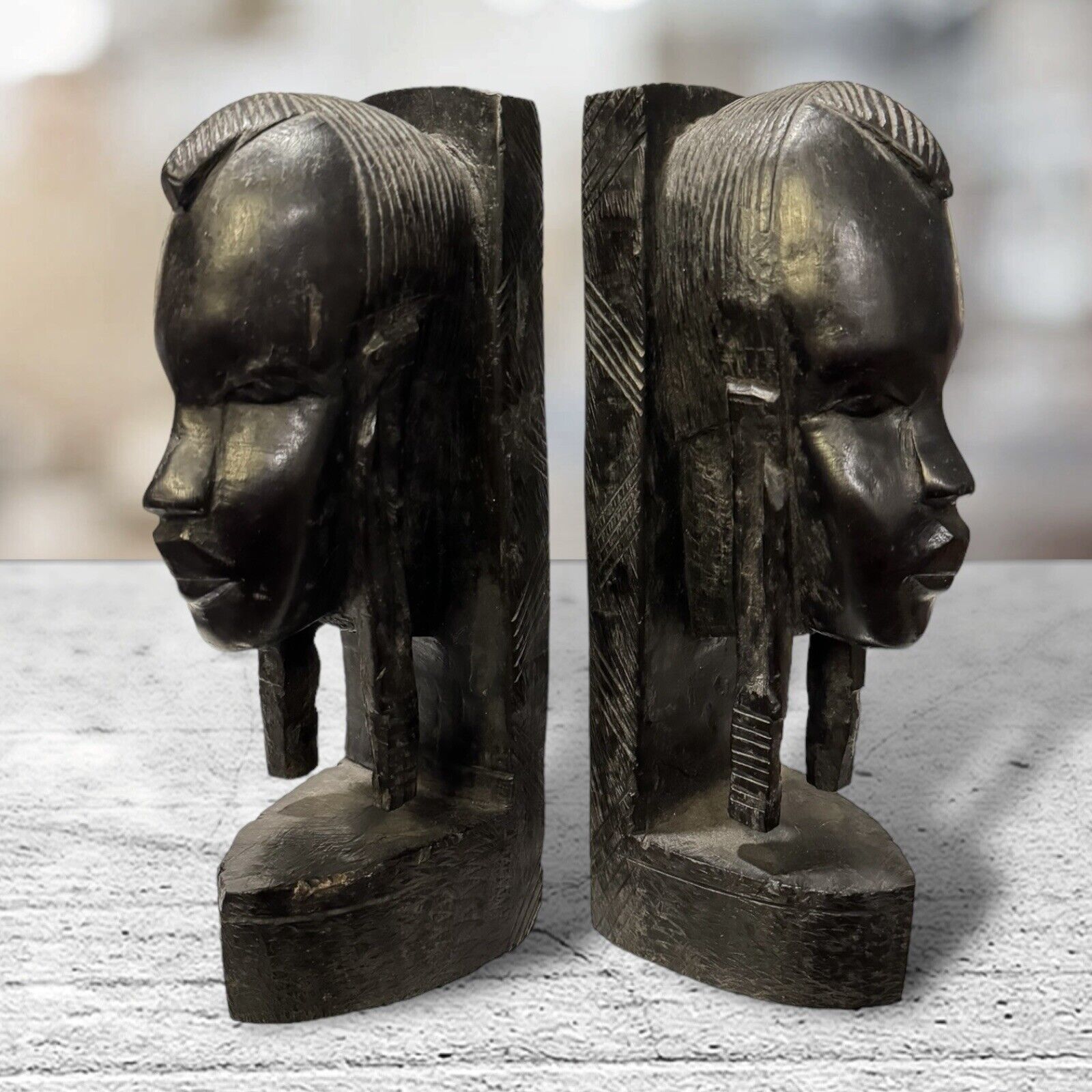 VTG/ MCM Pair Of Ebony Wood Bookends Solid Hand Carved Masai Durban African 9\