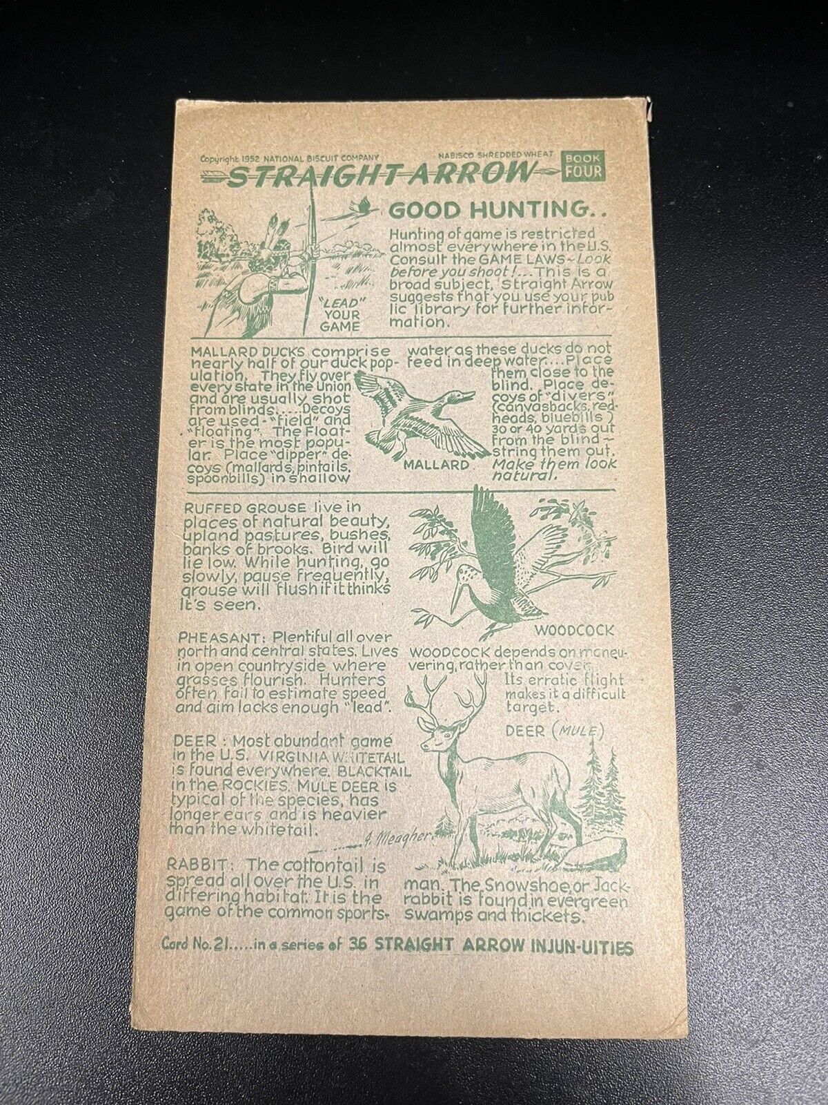VINTAGE 1952 Nebisco Shredded Wheat “STRAIGHT ARROW” Card #21 -  4” X 7 1/4”