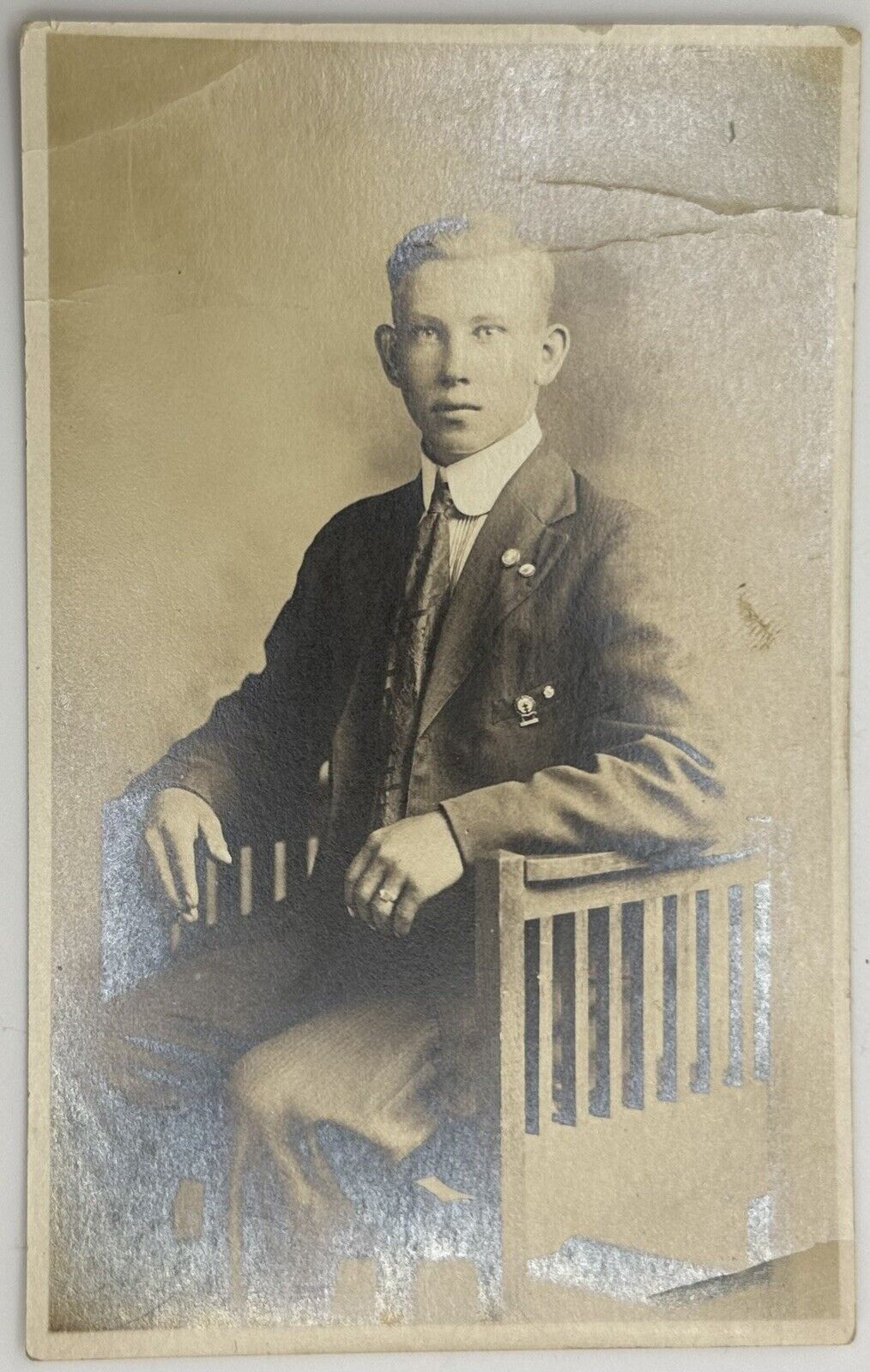 1918-1930 AZO RPPC Married Church Boy W/ United ME Pin Dressed In Sunday Best