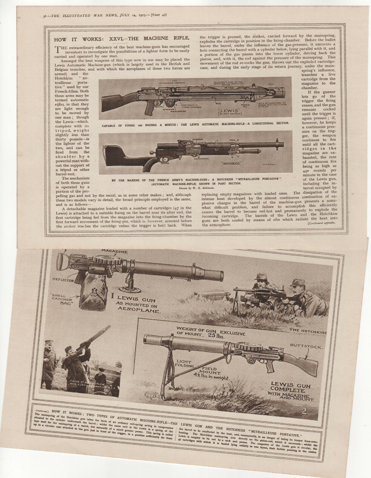 WW1 Print How It Works The Machine Rifle Lewis Gun & Hotchkiss Mitrailleuse 1915