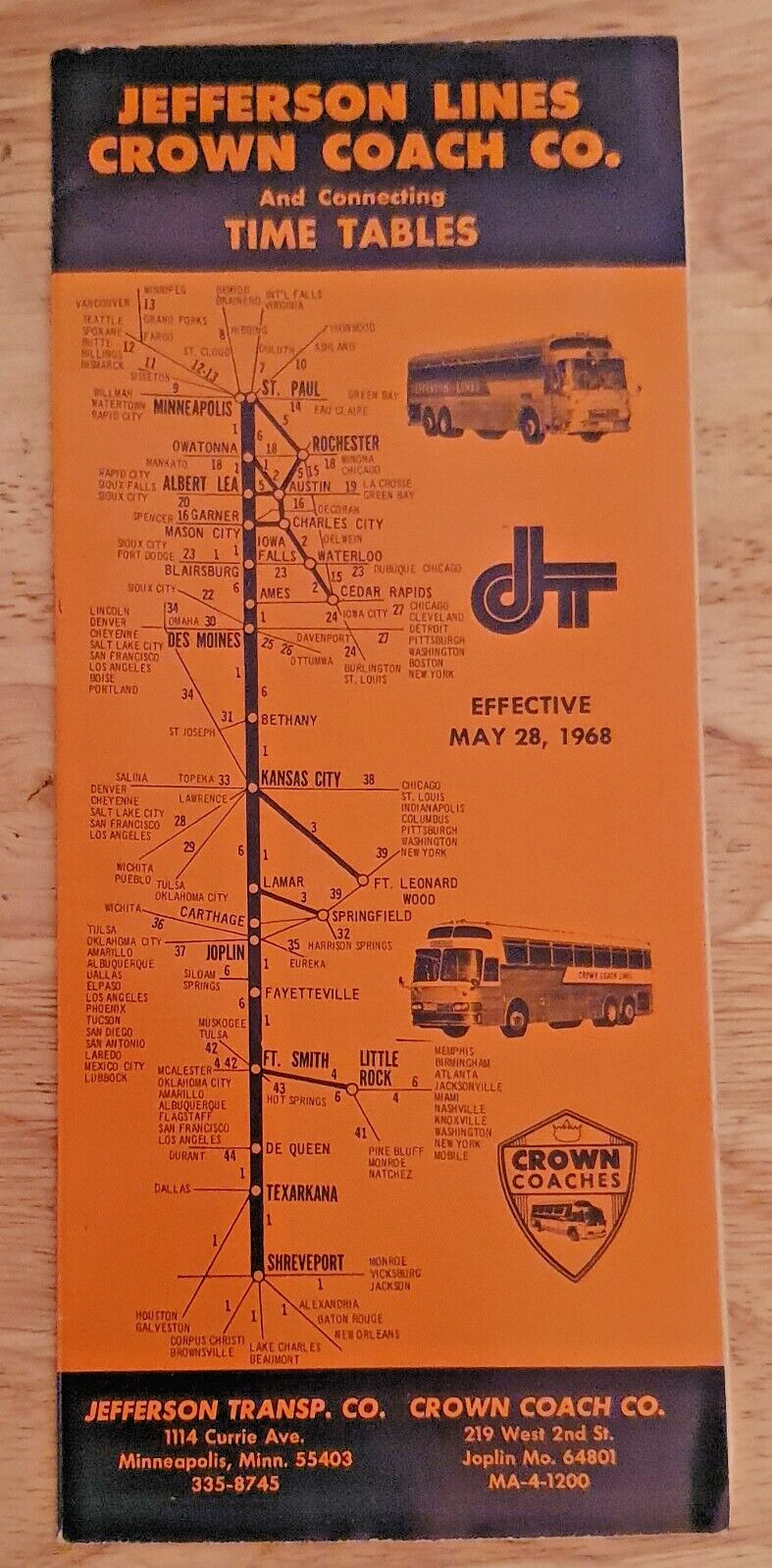 1968 JEFFERSON LINES CROWN COACH CO BUS TIME TABLE