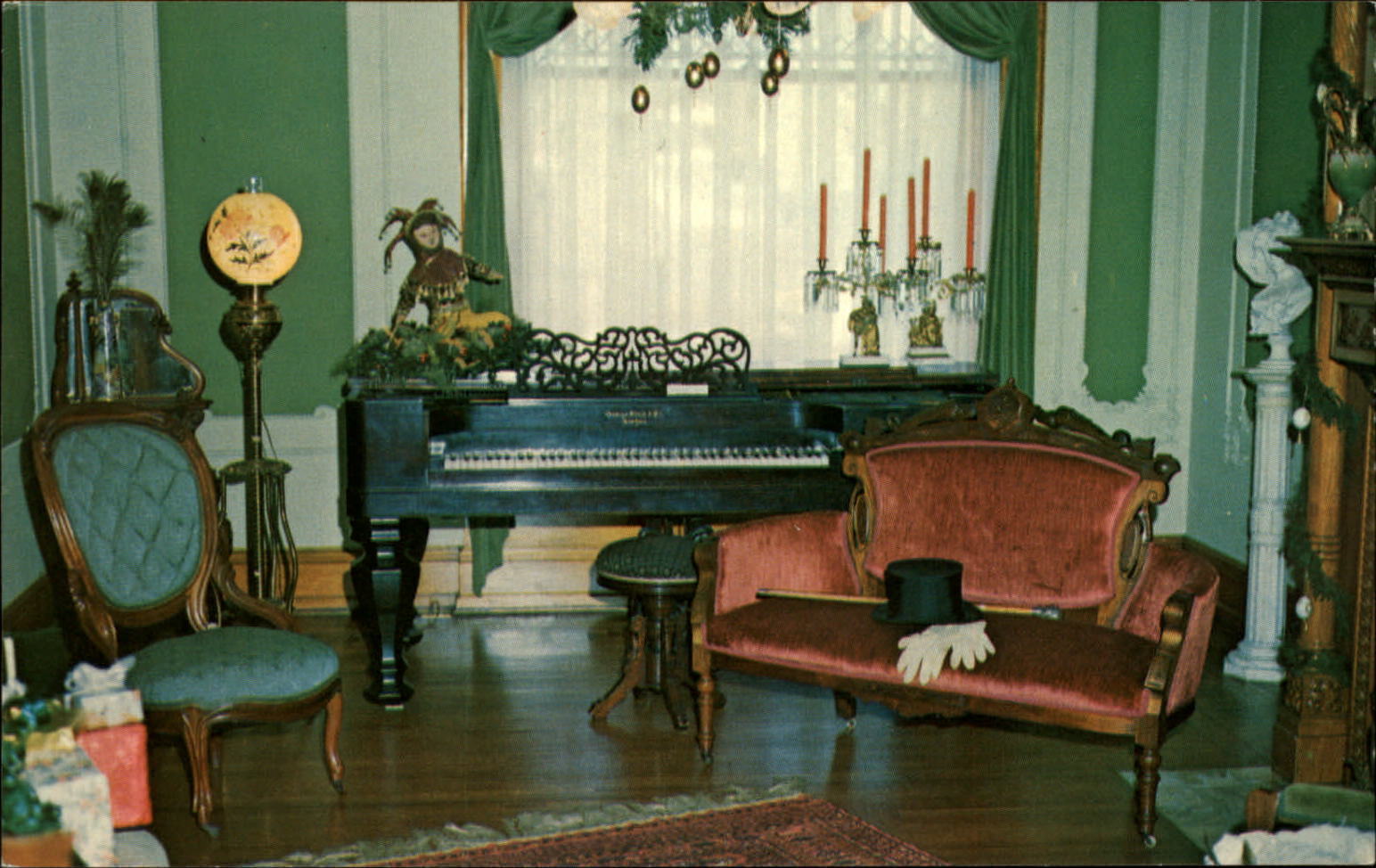 Gay 90s Mansion Barnesville Ohio ~ piano settee ~ postcard
