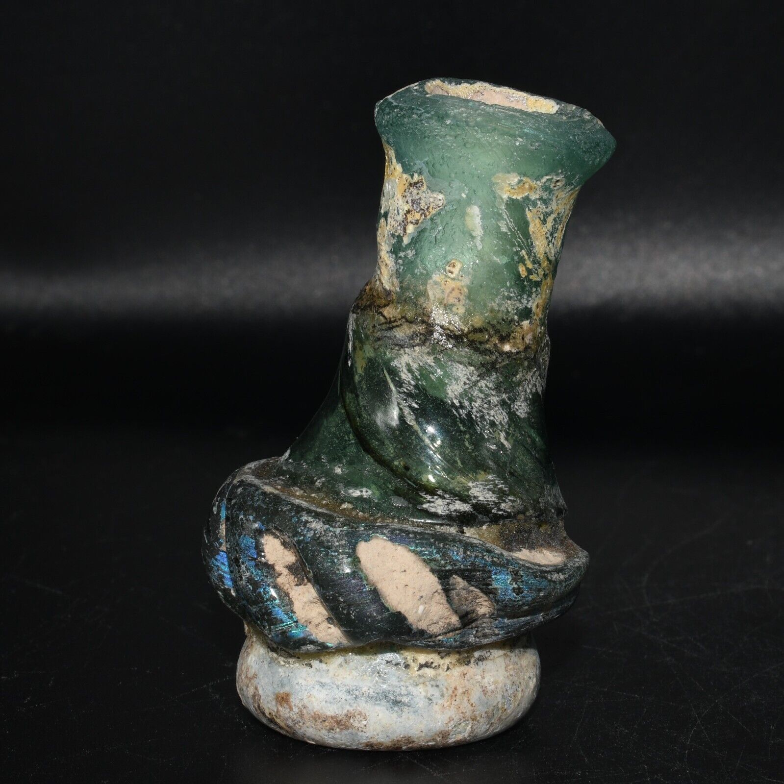 Authentic Ancient Roman Glass Bottle with Blue Iridescent Patina Ca. 1st Century