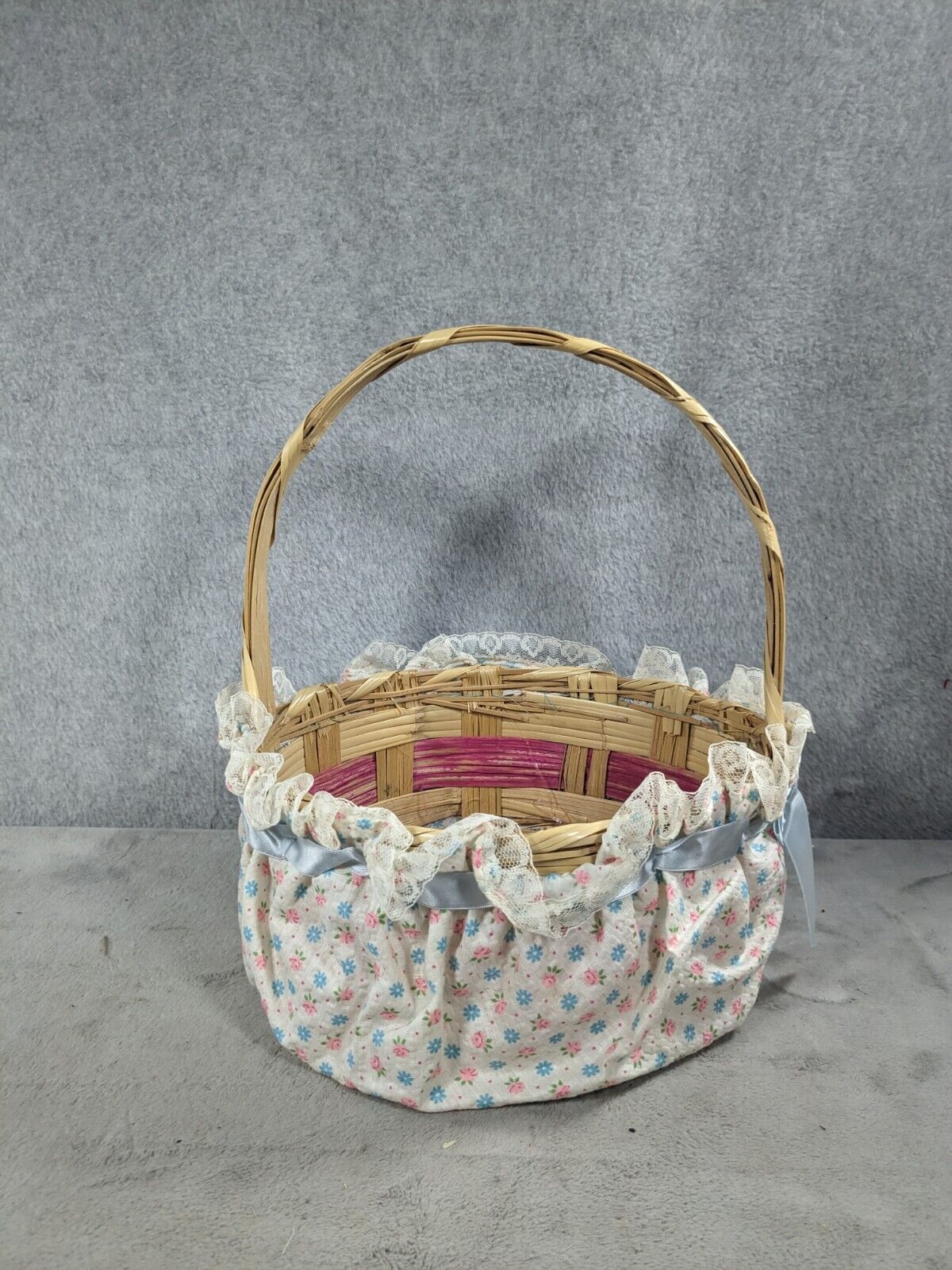 Vintage Floral Fabric Handled Wicker Basket 5