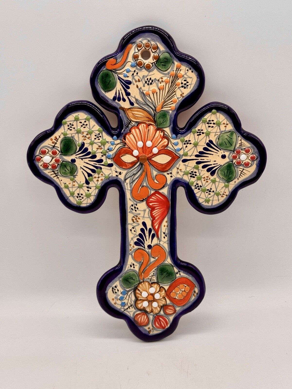 Vintage Mexican Talevera Cross Colorful Handmade Hand Painted Signed