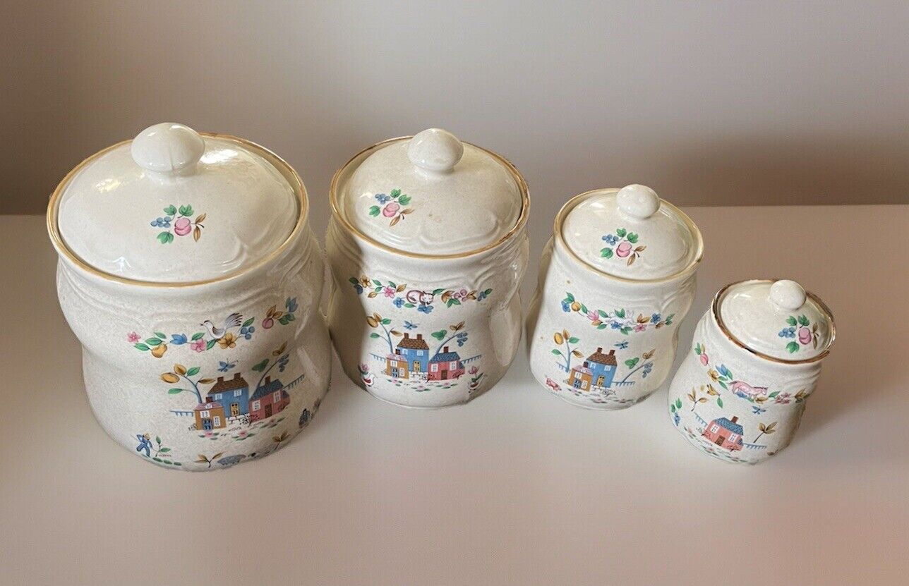 HTF Vintage International China HEARTLAND Set of 4 Ceramic Kitchen Canisters