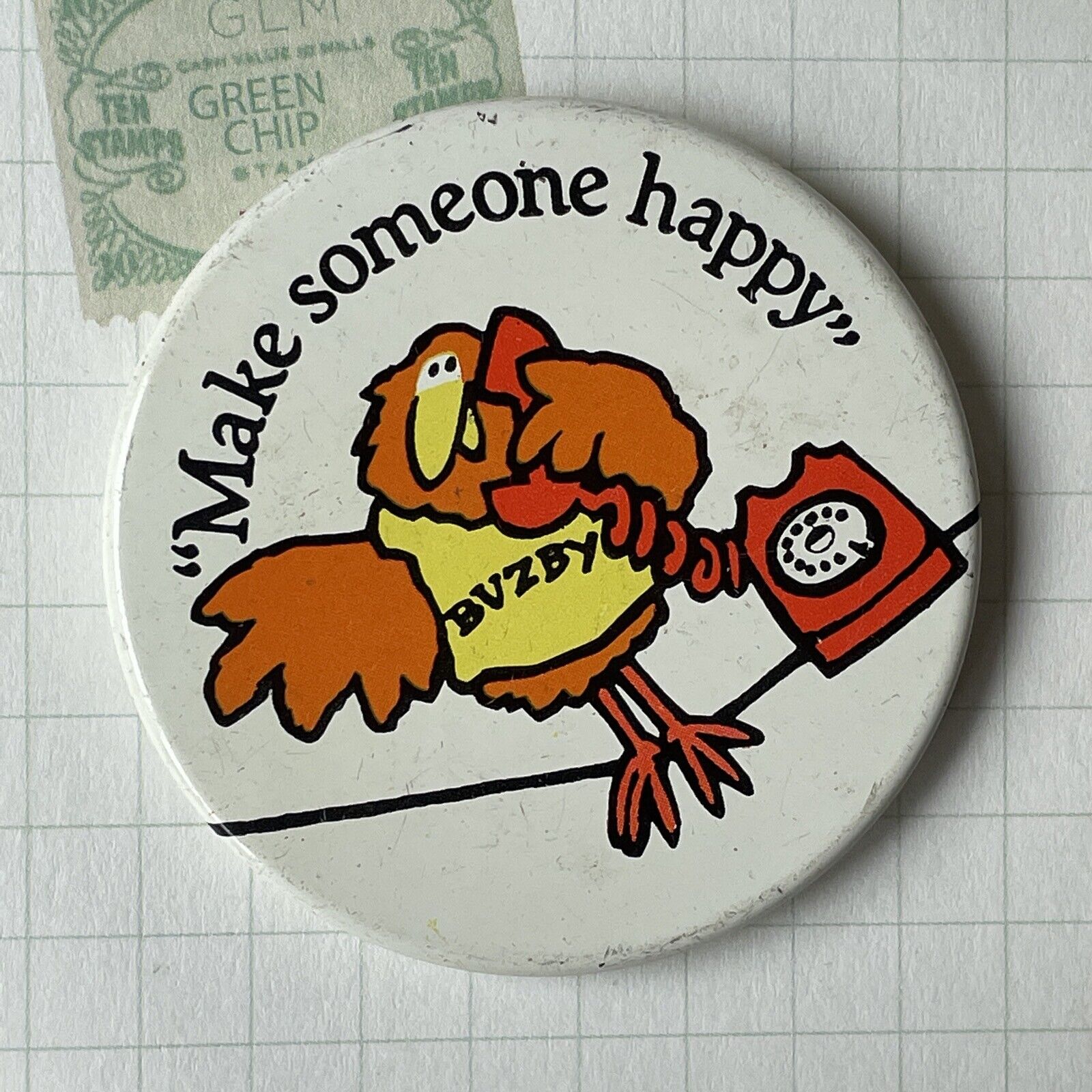 Vintage Badge BT British Telecom Buzby Make Someone Happy TV Advert 1970s Pin