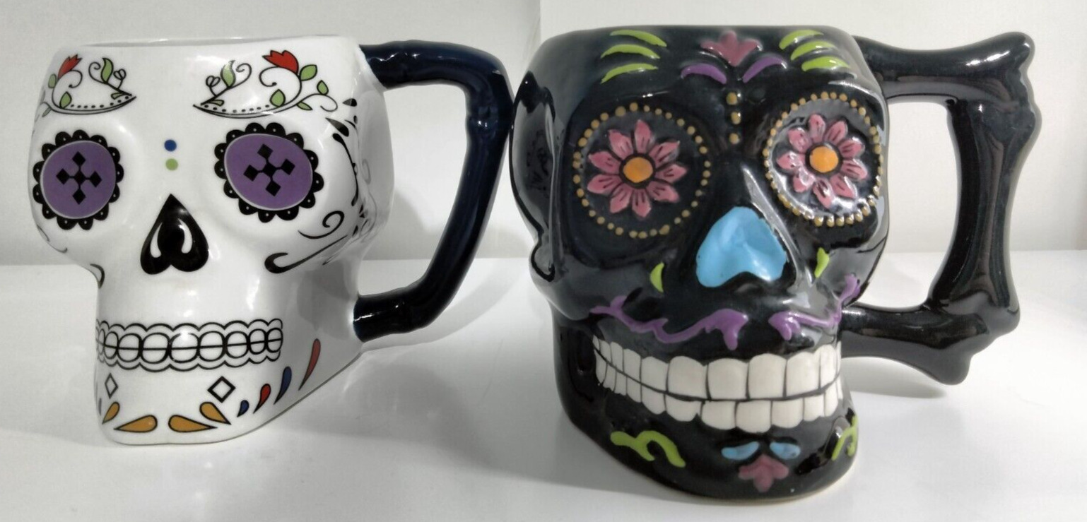 Day of the Dead Sugar Skull 3D Ceramic Mugs Black and White Halloween Set of 2