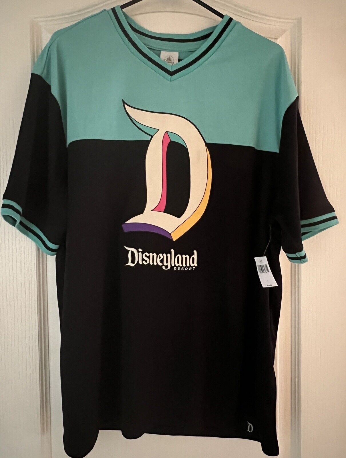 Disneyland Resort Big D Logo Color Block Baseball Jersey Teal Black Short Sleeve