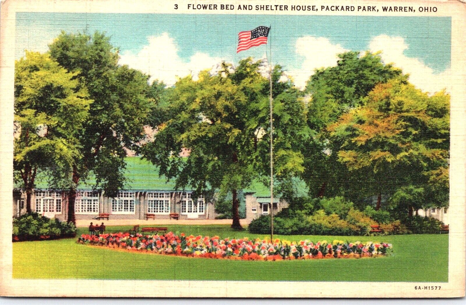 OH Warren, Packard Park, Flower Bed Shelter House Flag, Linen, Posted 1936