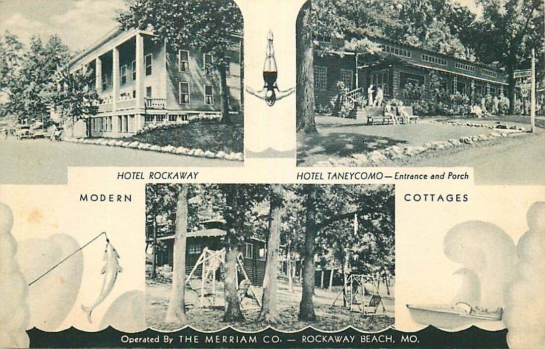 Postcard Hotel Rockaway, Hotel Taneycomo, Merriam Co., Rockaway Beach, Missouri
