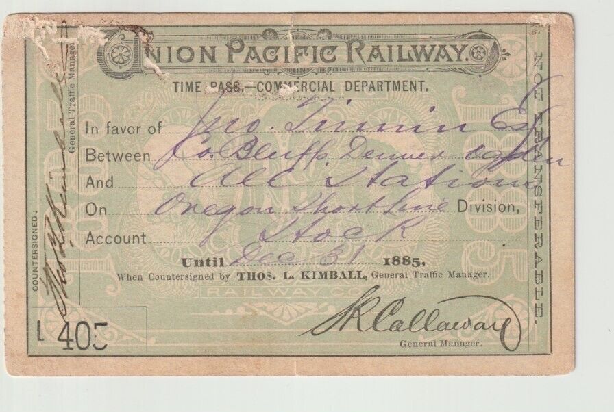 1885 Union Pacific Railway Time Pass / Oregon Short Line Division