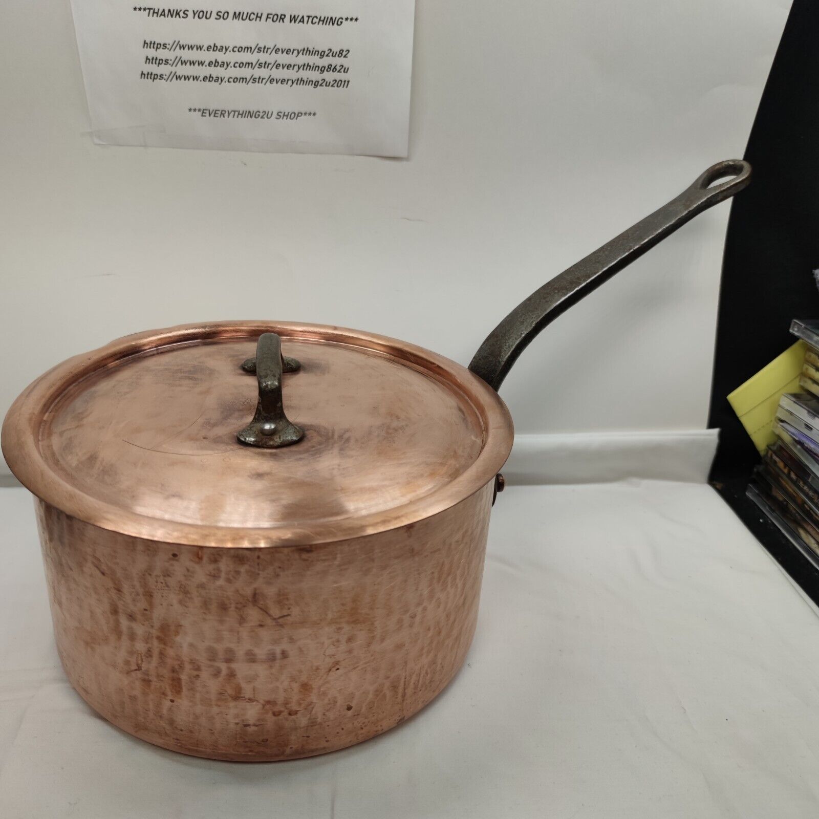 Vintage French 9 1/2 in  Copper (Saucepan Or Pot ) Hammered With Lid  9.15 Lbs.