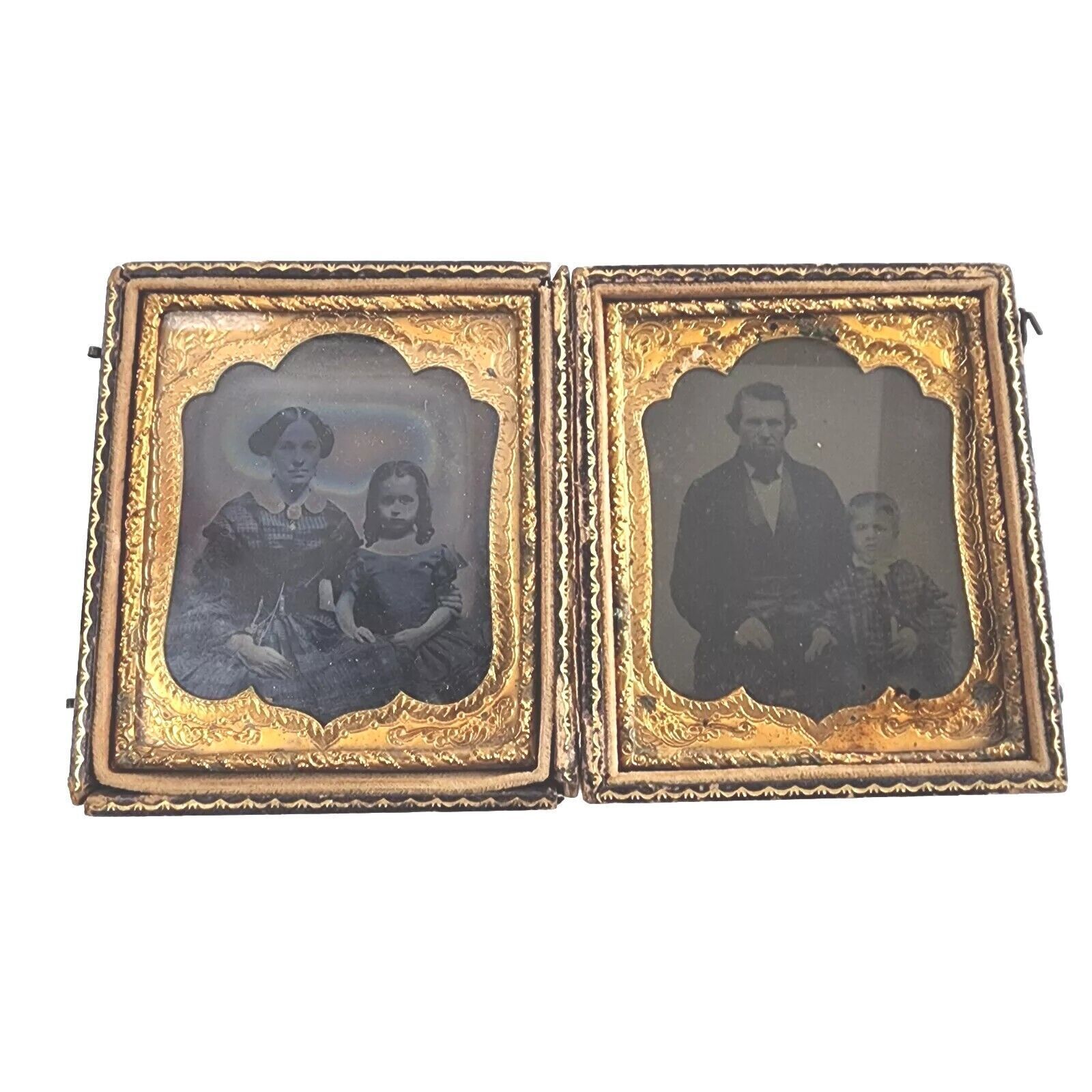 19thC Dageurreotype Woman, Chatelaine on her dress, Daughter @ Side, Father, Son