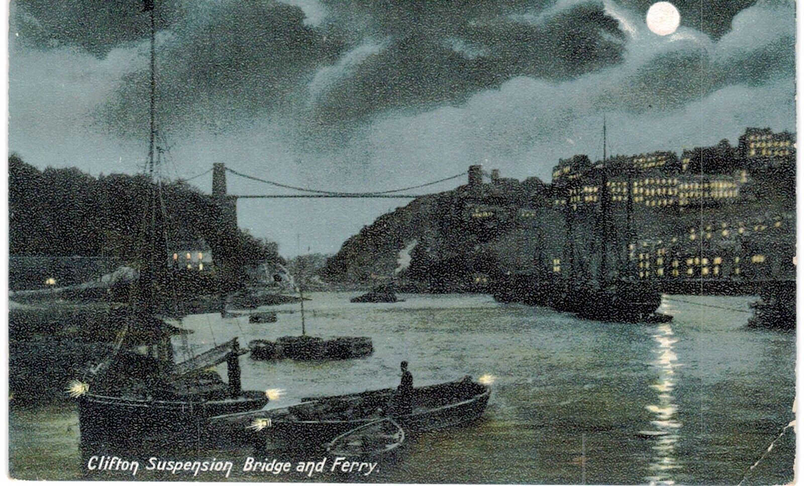 Clifton Suspension Bridge & Ferry Moonlight Night Bristol 1910 UK 