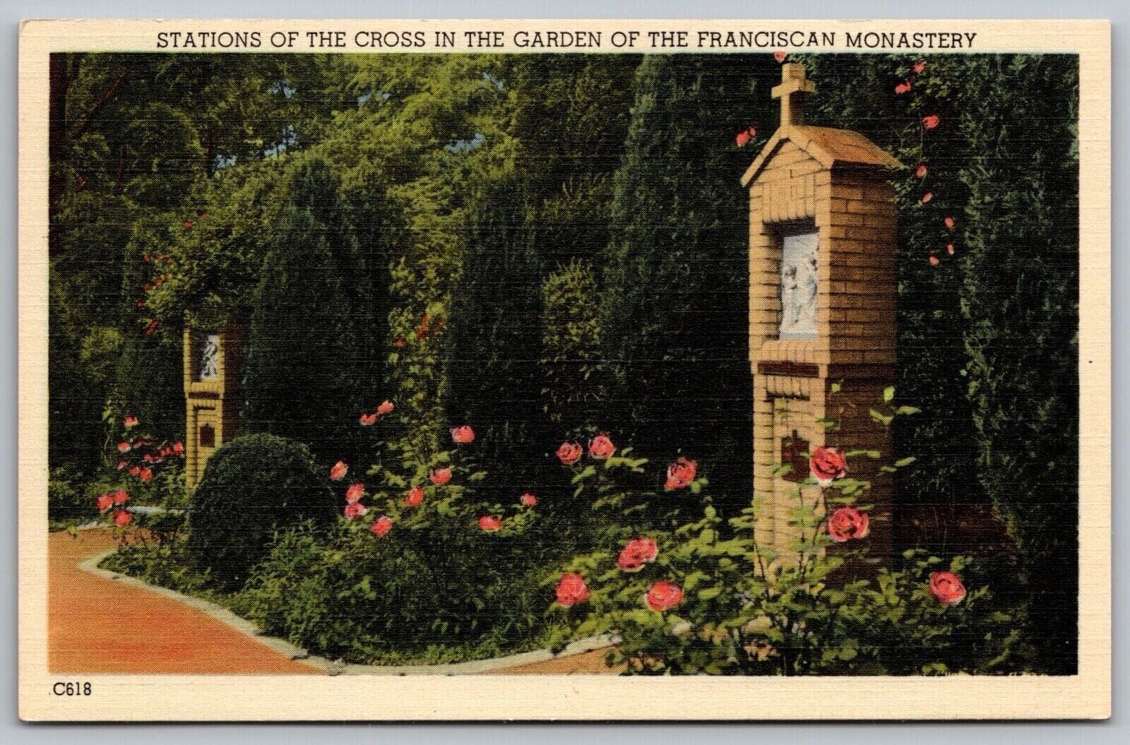 Stations Cross Garden Franciscan Monastery Linen Postcard UNP VTG Capsco Unused