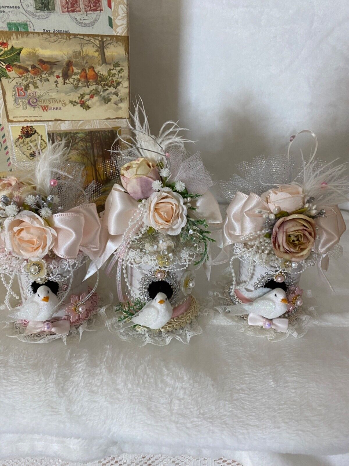 LOT OF 3 VICTORIAN BIRD HOUSE ORNAMENTS.. ROSES..