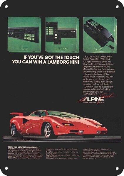1985 LAMBORGHINI & ALPINE Car Audio Car Phone **DECORATIVE REPLICA METAL SIGN**
