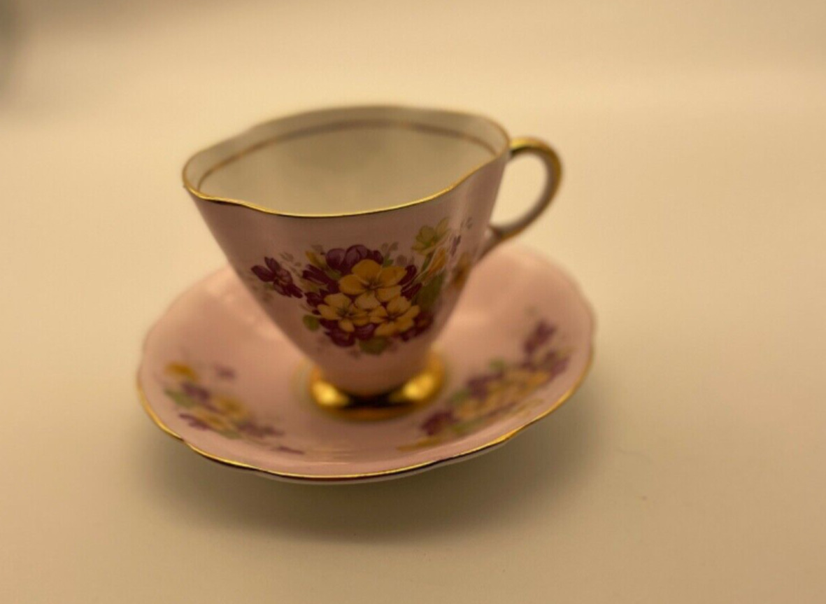 Clarence Tea Cup And Saucer Pastel Pink Violets Yellow And Purple England Bone