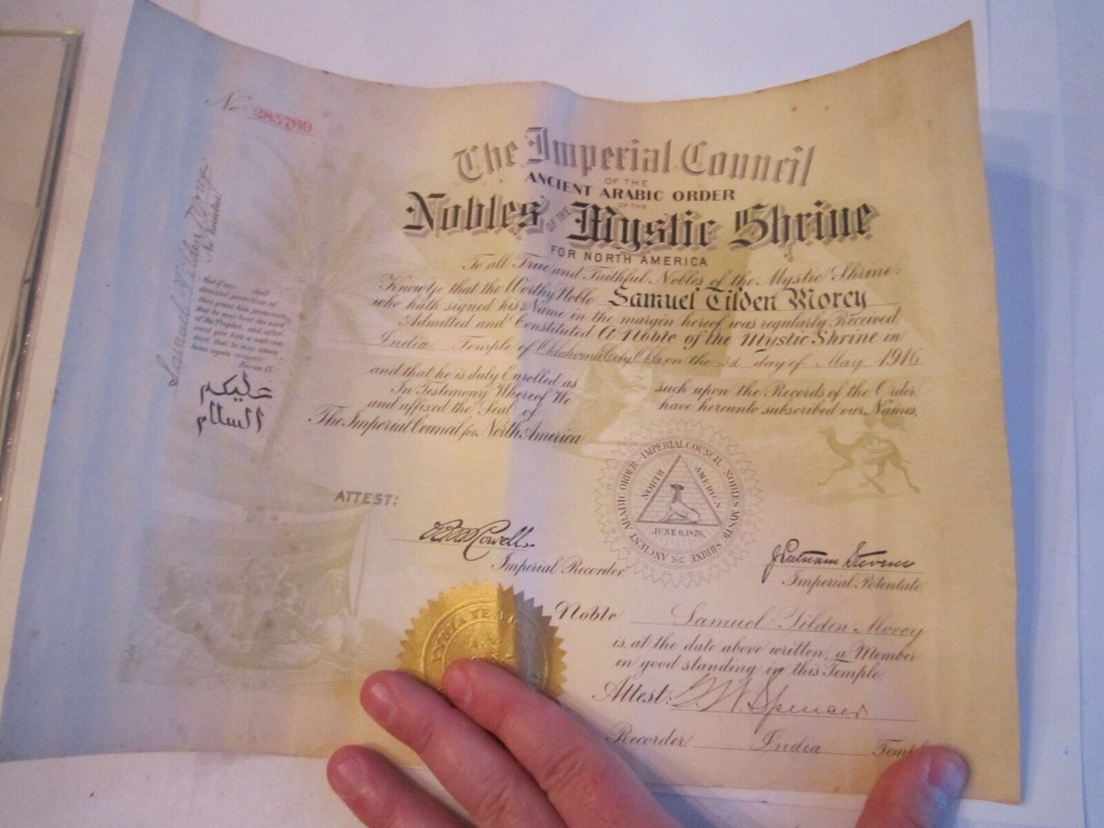 1916 NOBLE MYSTIC SHRINE  - THE IMPERIAL COUNCIL CERTIFICATE - TUB BN-14