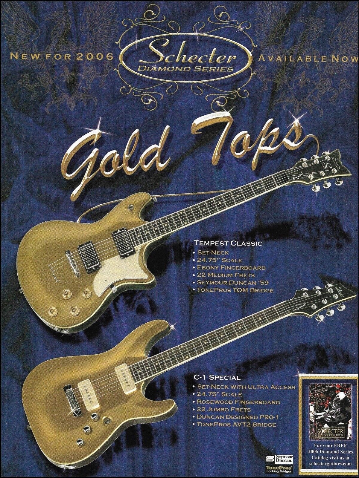 Schecter Diamond Series Tempest Classic & C-1 Special Gold Top guitars 8 x 11 ad