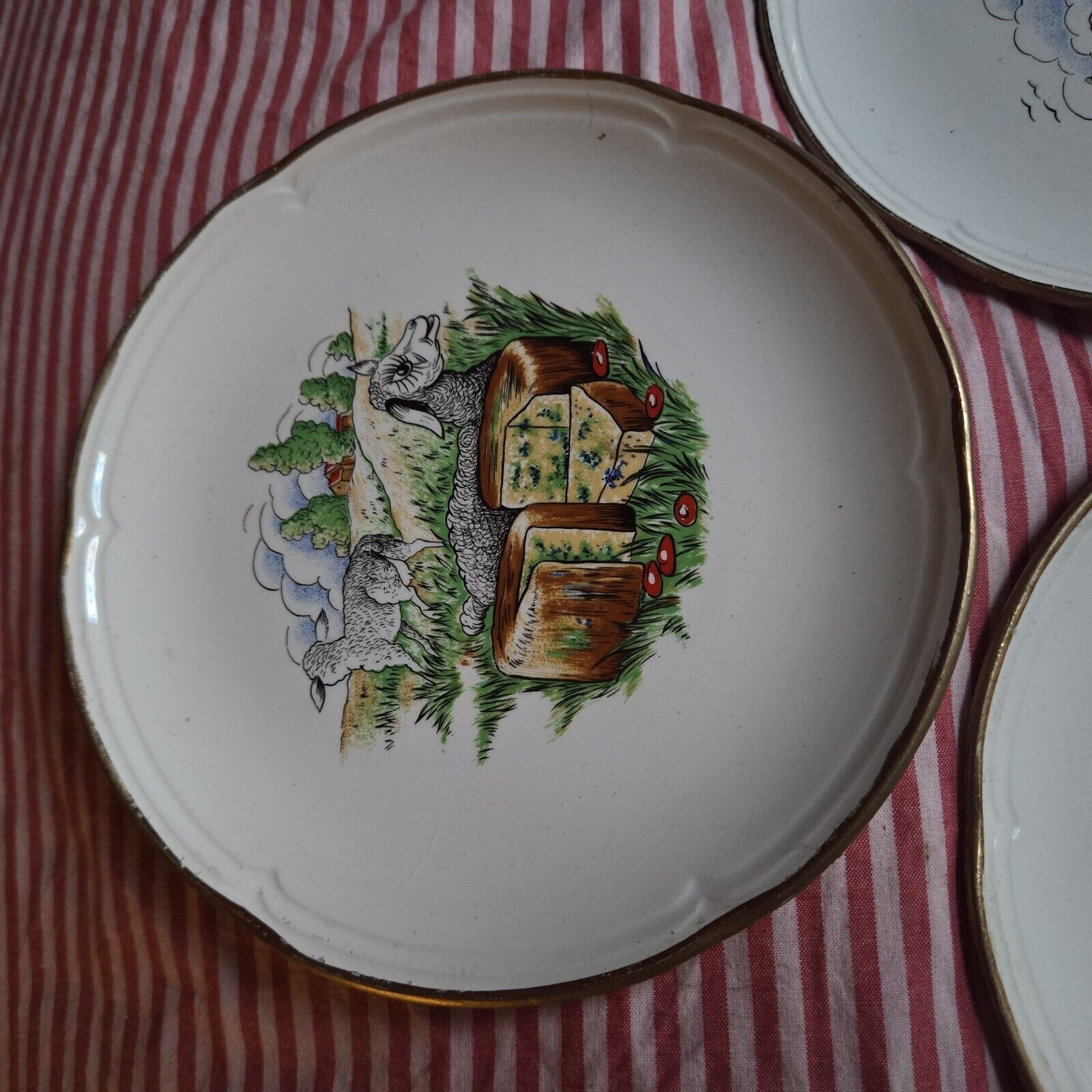 3~Vintage Specialty Porcelain Ceramic French Cheese Plates~w Fun Goats~7  1/4\