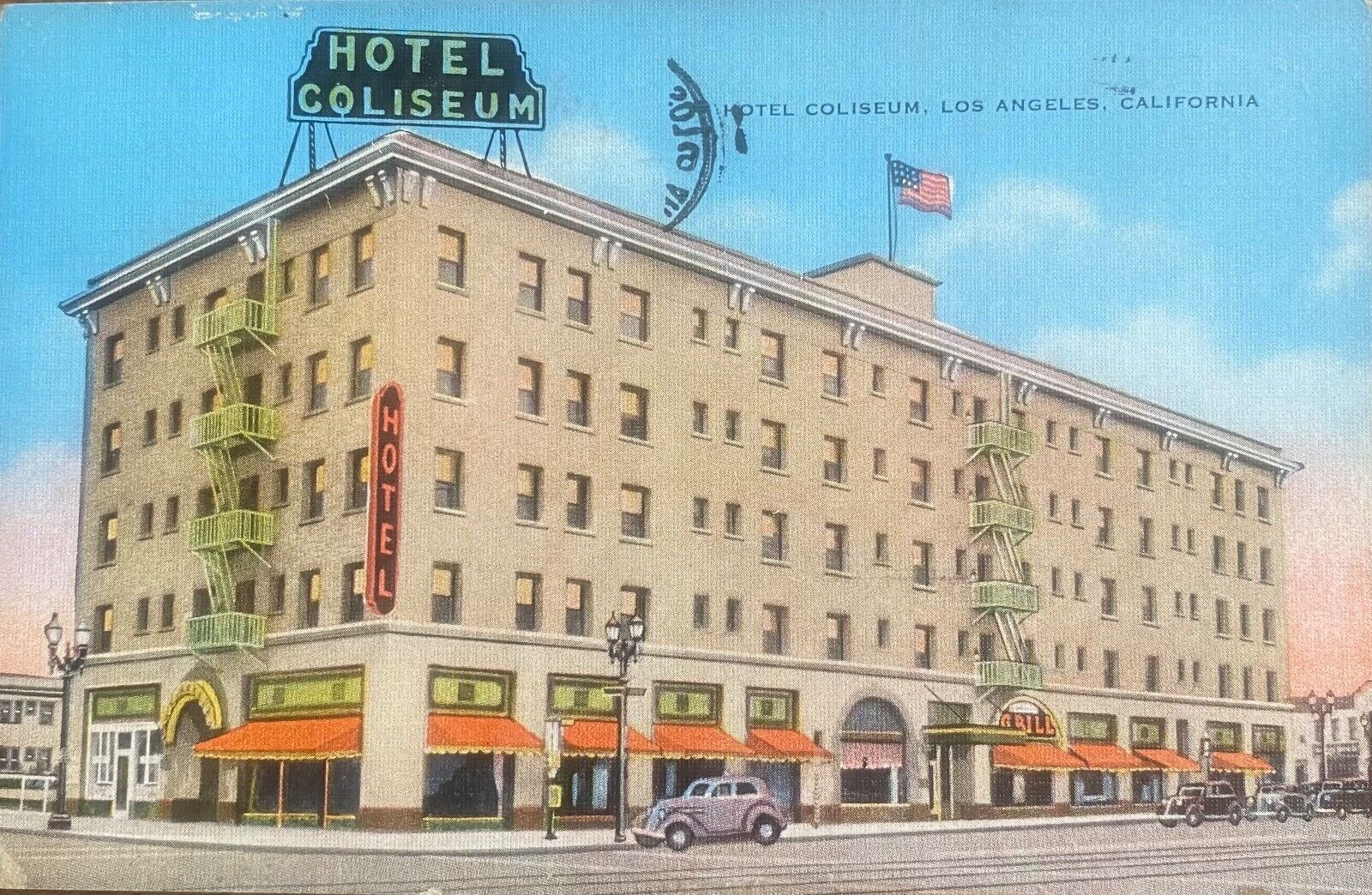 Hotel Coliseum Los Angeles 1939 postcard S.B. Blvd. @ Figueroa