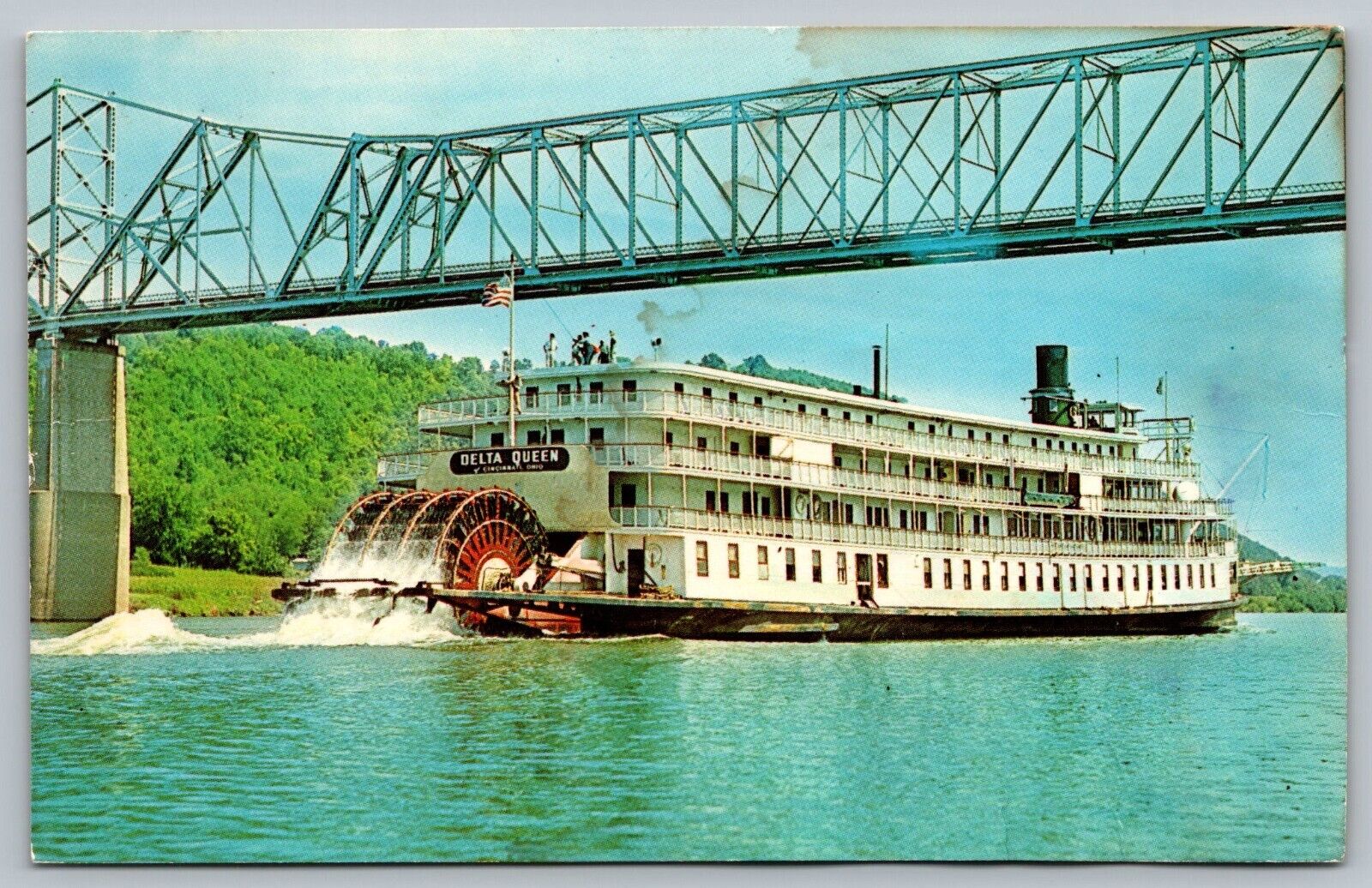Postcard S.S. Delta Queen Steamboat Under Ohio River Bridge VTG c1968  I4
