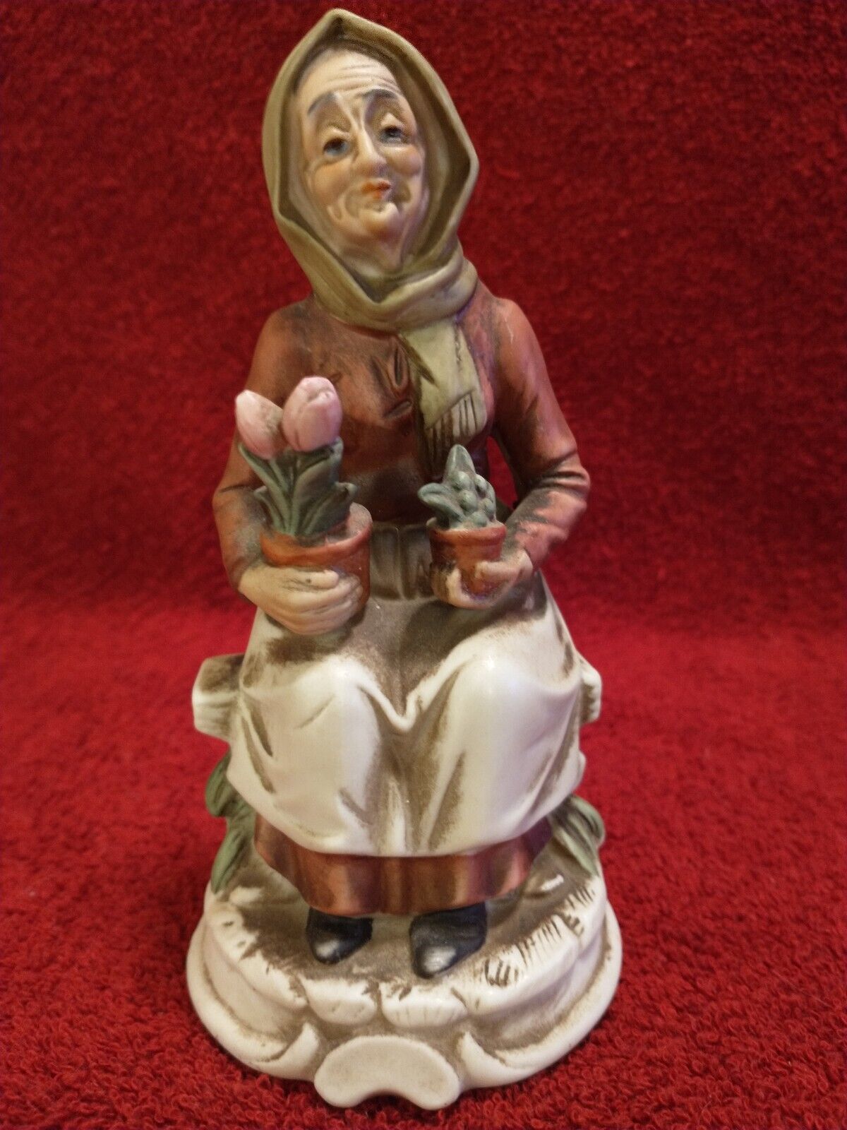Old Woman Sitting On Bench Holding Plants Porcelain Ceramic