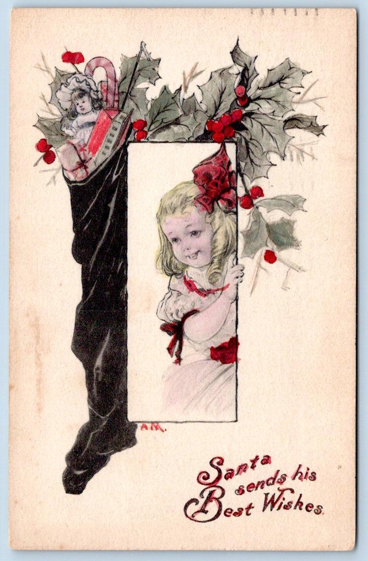1912 GIBSON ART CO CHRISTMAS STOCKING GIRL HANDCOLORED SIGNED A.M. POSTCARD