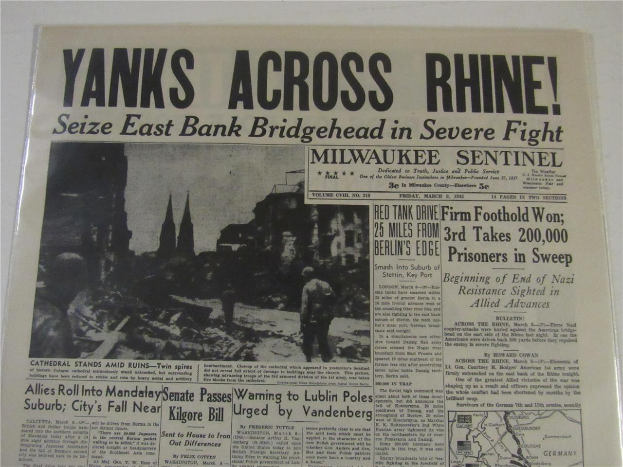 VINTAGE NEWSPAPER HEADLINES ~ WORLD WAR 2  US ARMY GERMAN RHINE RIVER WWII  1945