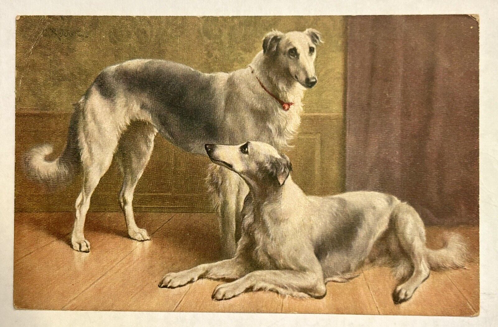 Two Greyhounds Dogs 1918. Carl Reichert.  Postcard