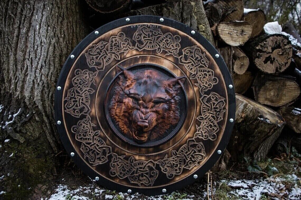 Viking shield with carved massive Wolf head and Norse Drake ornamen New Handmade