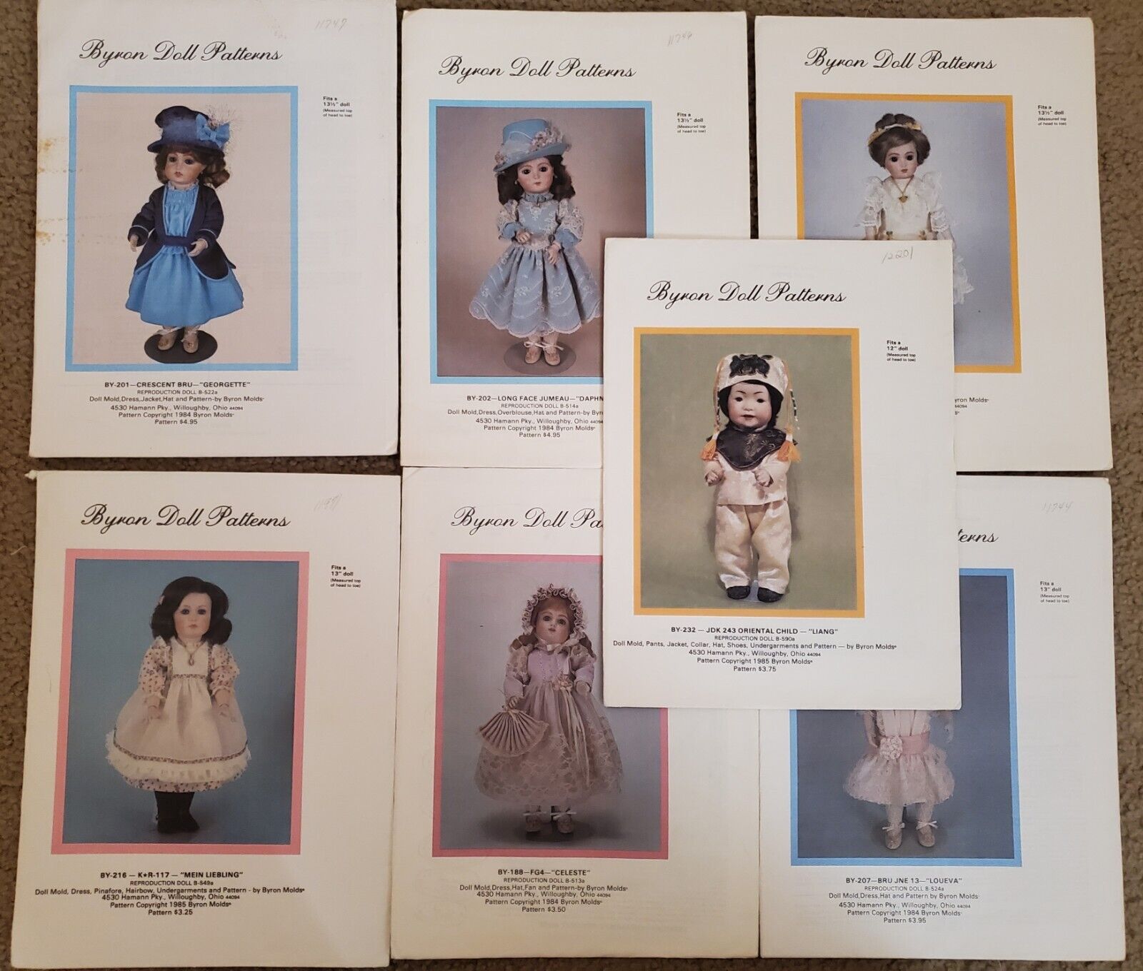 Lot of 7 Byron Doll Clothing Patterns for Antique Dolls - 12 to 13\