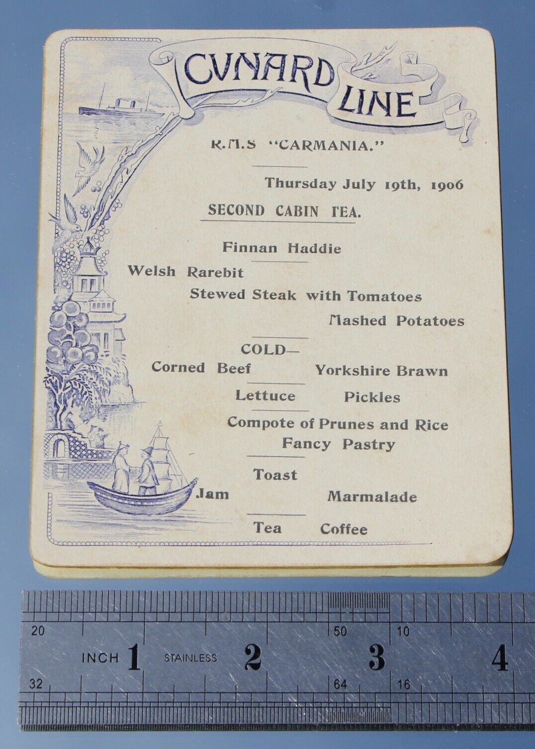 CUNARD LINE RMS CARMANIA 2ND CL RARE CARD DELUXE TEA & DRINKS MENU JULY C-1906