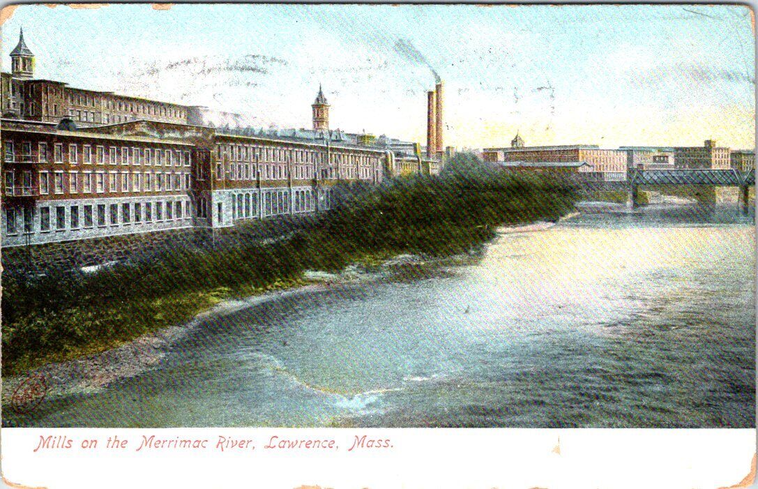 1909, Mills on the Merrimac River, LAWRENCE, Massachusetts Postcard - Robbins