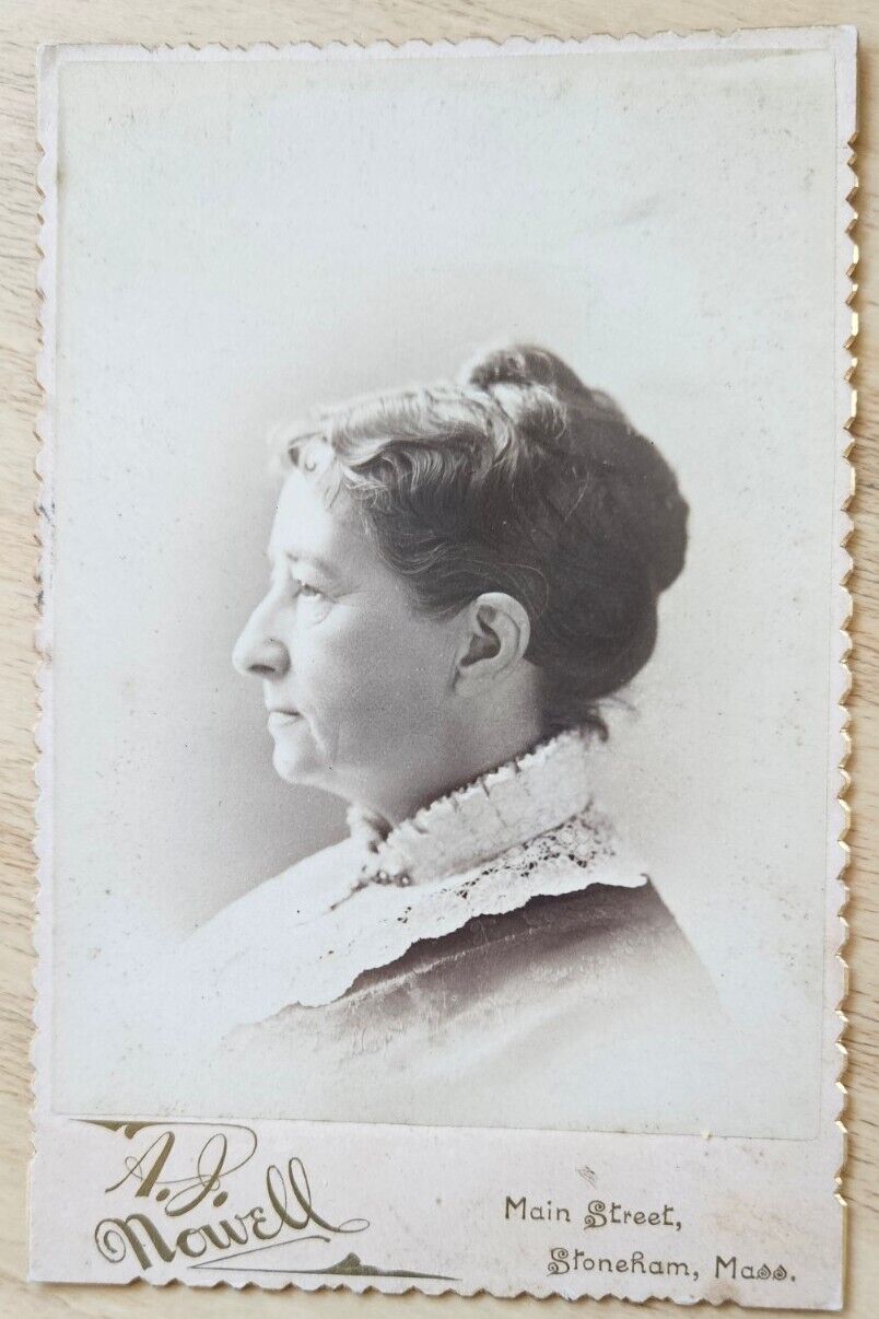 Stoneham, MA Cabinet Card Woman in profile with high lace collar, by A.J. Nowell