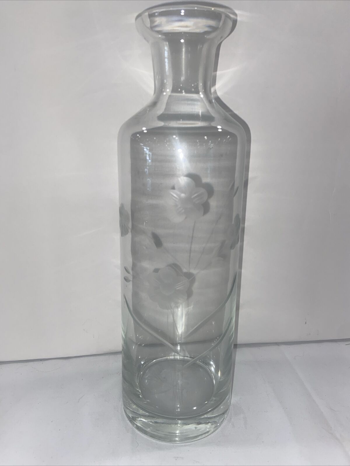 Vintage Clear Etched Glass Floral Decanter No Stopper 11 Inch-E