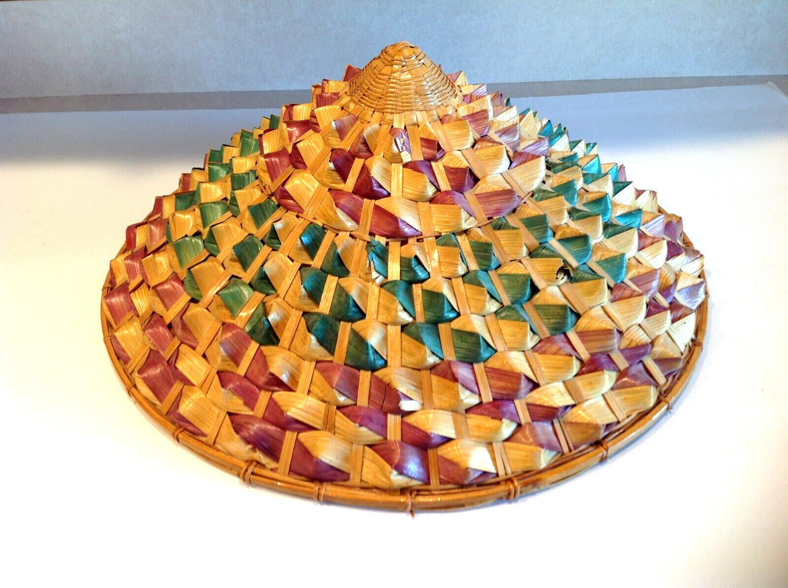 Vintage Authentic Handmade Multicolor Asian Conical Straw Hat