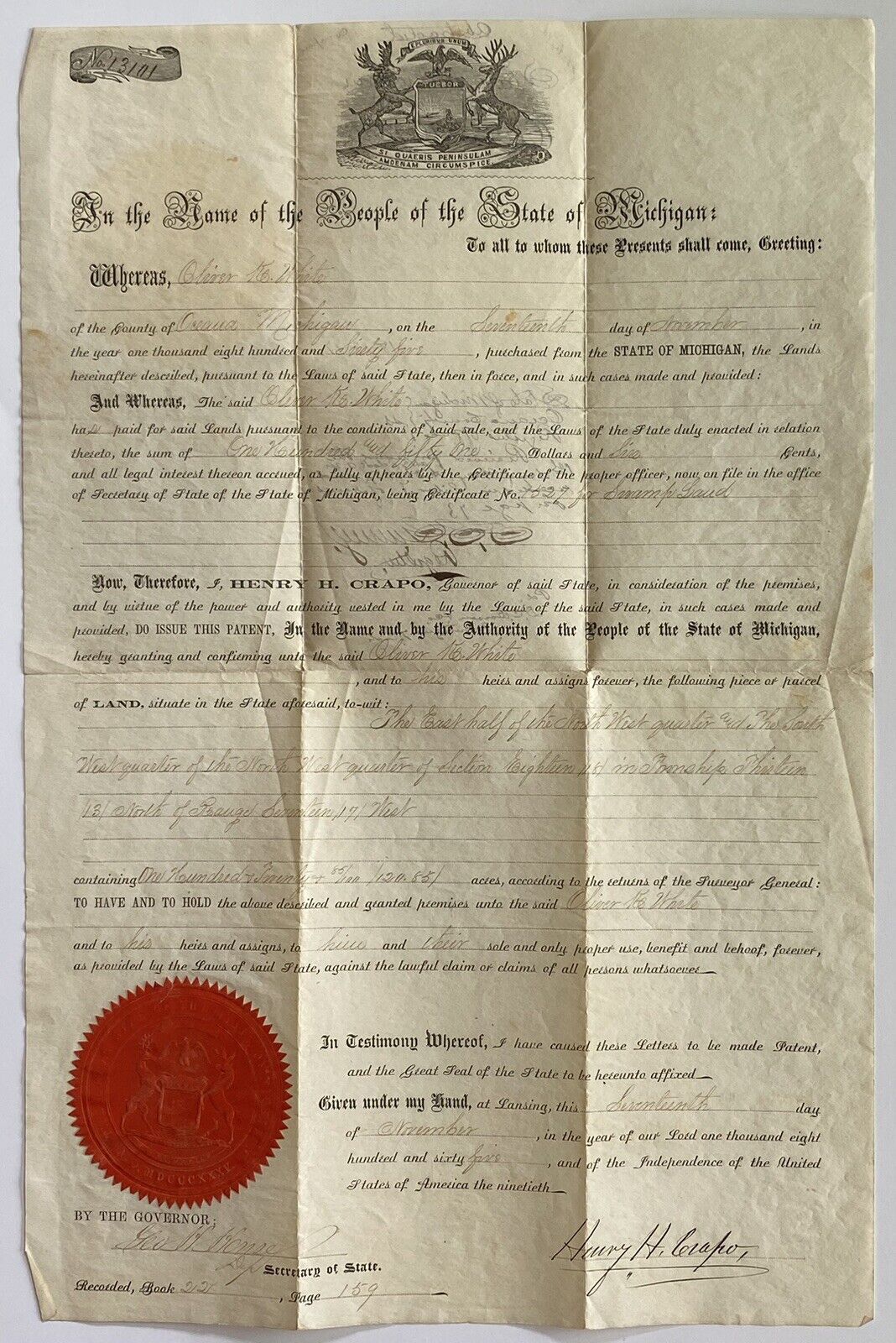 RARE Antique 1865 Purchase Agreement Land Document Deed-Gov Henry Crapo Michigan