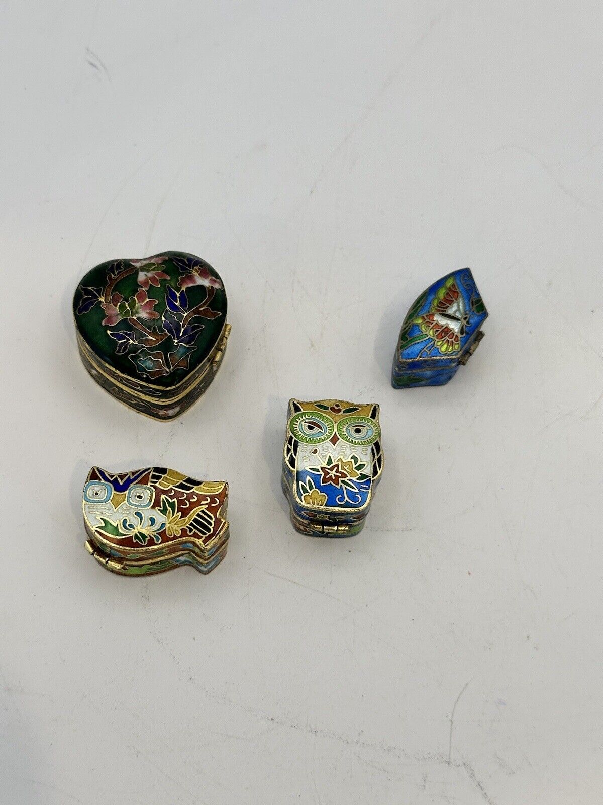 Cloisonné Pill Box Assortment Of Four Brass Enamel Owls Butterfly And Florals