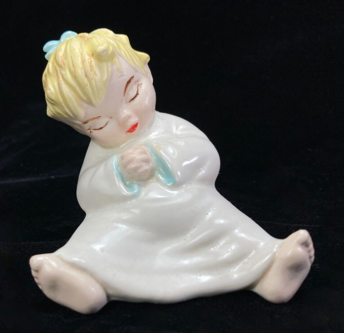 Vintage Sleeping Blonde Girl Porcelain Figurine - Sweet Face Blue Bow in Hair