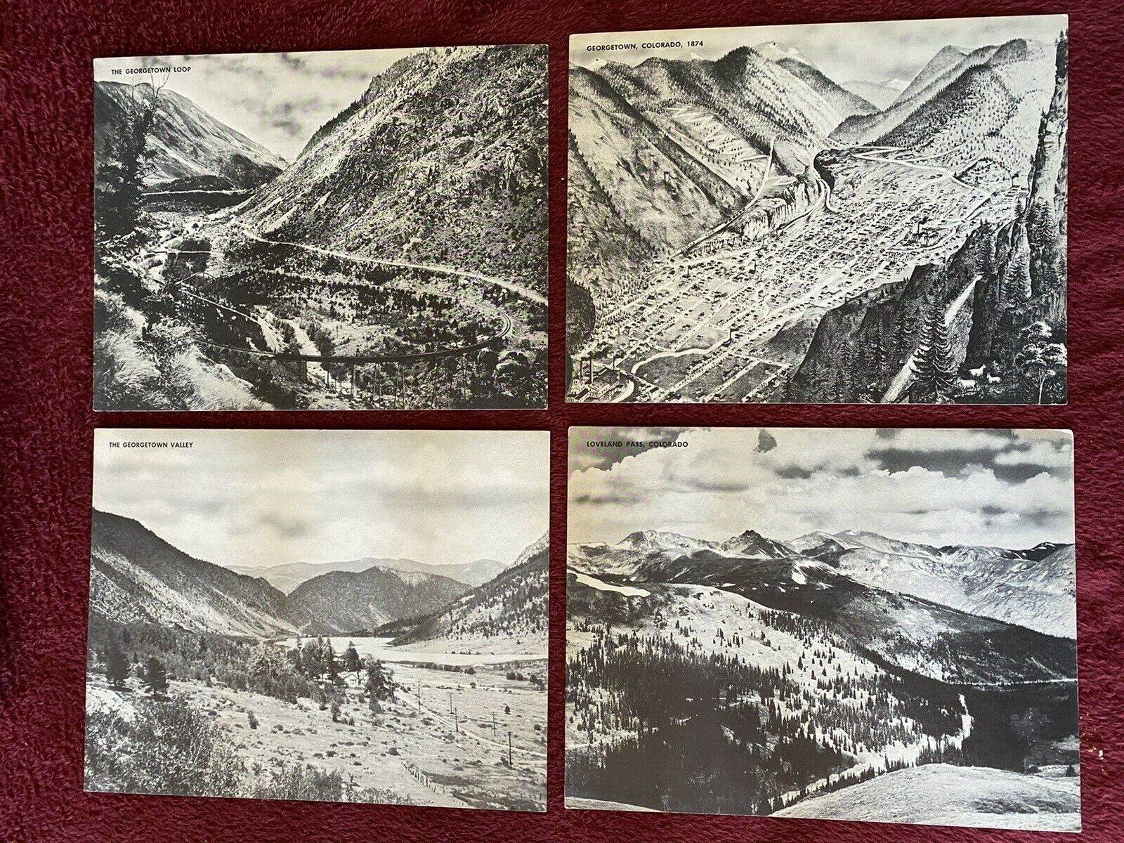 set of 4 Vtg. Georgetown, Colo. JUMBO Post Cards, 1874,valley,loop & pass 1950\'s