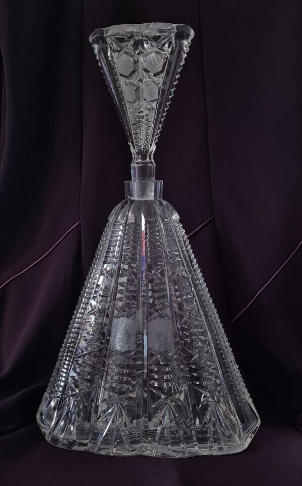 BOHEMIAN CRYSTAL CLEAR ART DECO GENUINE CASED DECANTER WITH STOPPER ca 16\