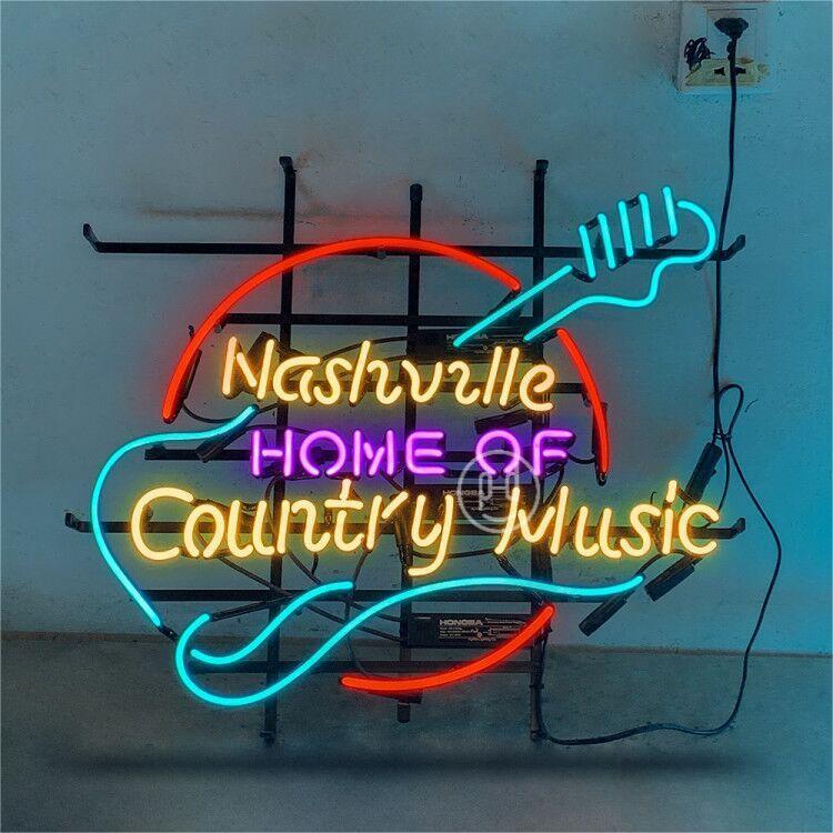 Guitar Nashville Home Of Country Music Neon Sign Light 24x20 Real Glass Artwork