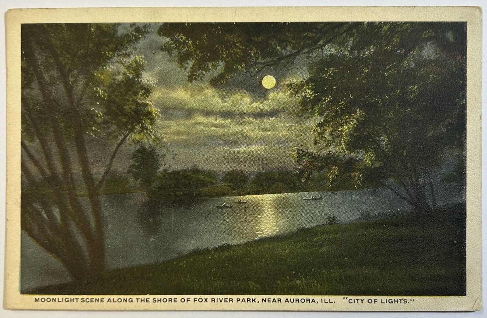 Moonlight Scene Along Fox River Park, Aurora, Illinois Antique Postcard 1923
