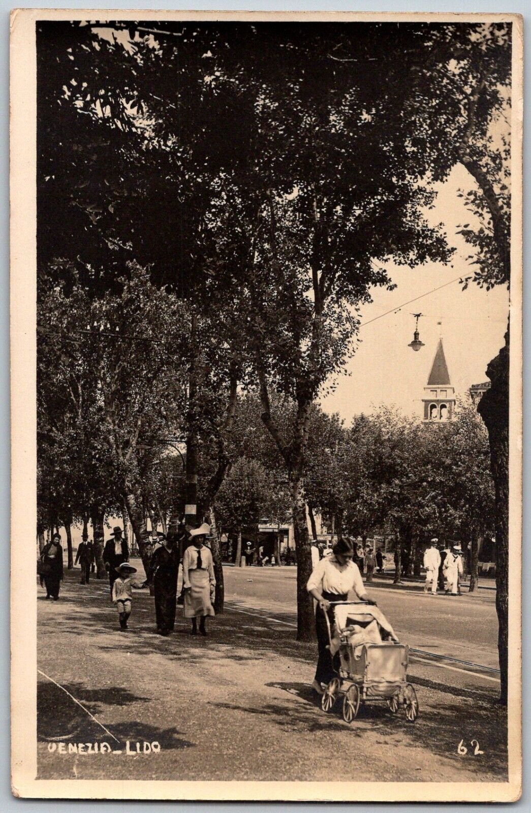 Venice Italy c1915 RPPC Real Photo Postcard Lido Pedestrians Baby Stroller