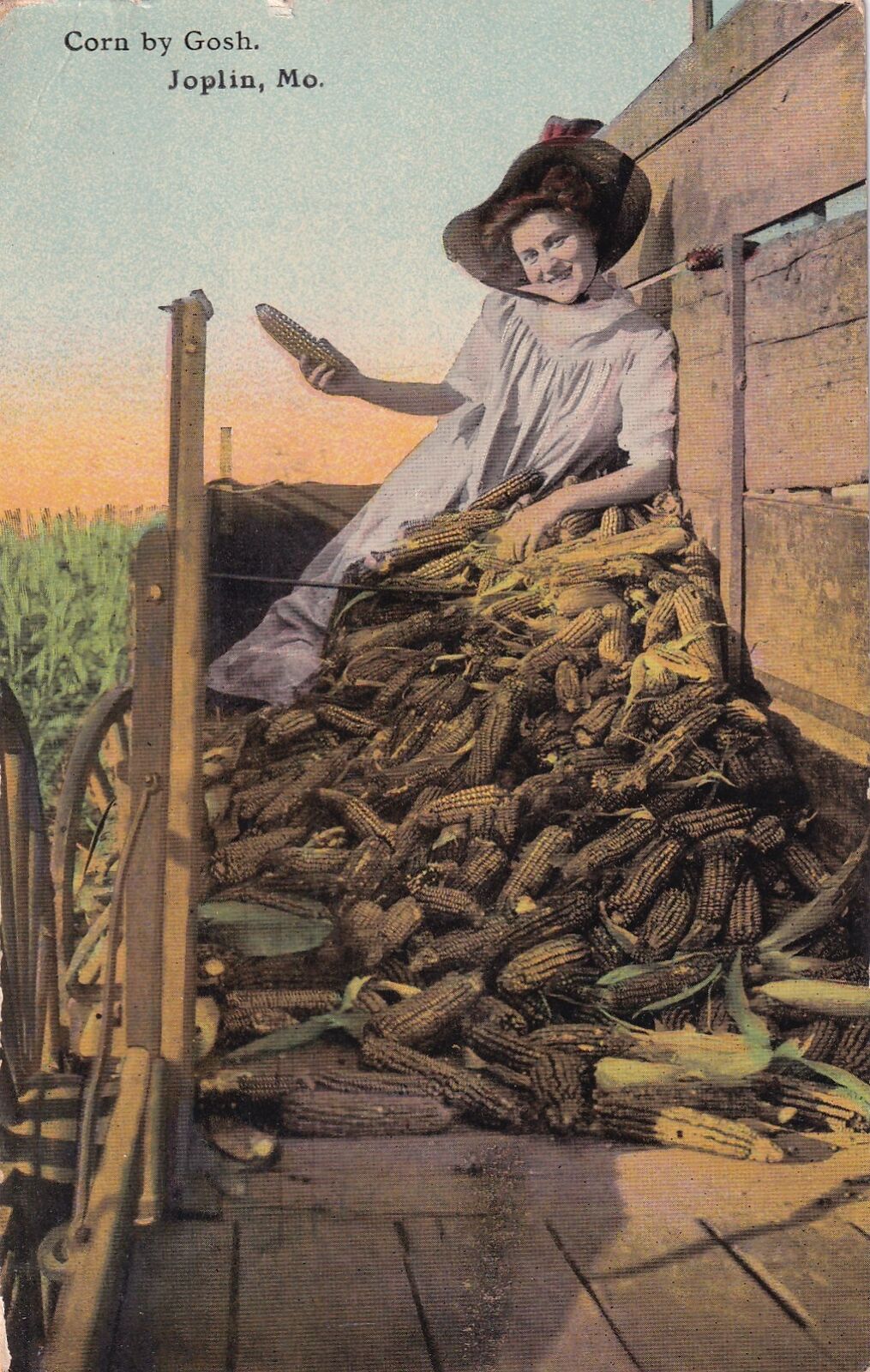 Farm Girl Wearing Bonnet Sits in Wagon Corn By Gosh Joplin MO 1911 Postcard E02